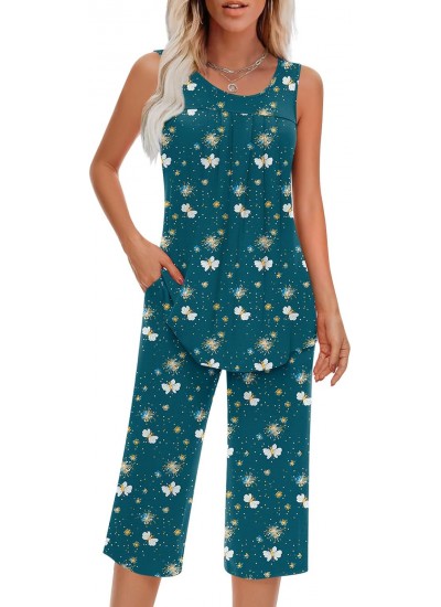 Women's Sleeveless Pajamas Set Soft Lounge Wear Two Piece with Pockets