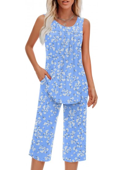 Women's Sleeveless Pajama Set with Pockets - Soft Rayon Spandex Two Piece Loungewear