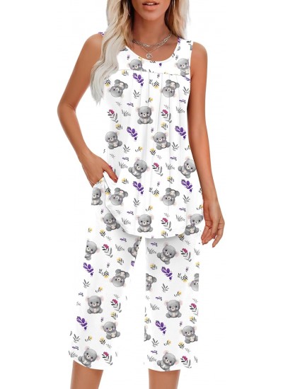 Women's Sleeveless Pajama Set with Pockets - Soft Rayon Spandex Loungewear Two Piece