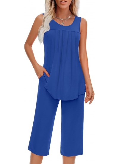 Women's Sleeveless Pajama Set with Pockets | Soft Rayon Loungewear 2-Piece