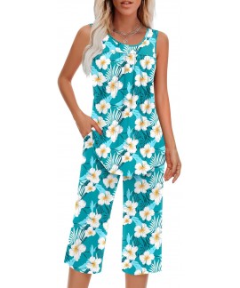 Women's Sleeveless Pajama Set with Pocket - Soft R...