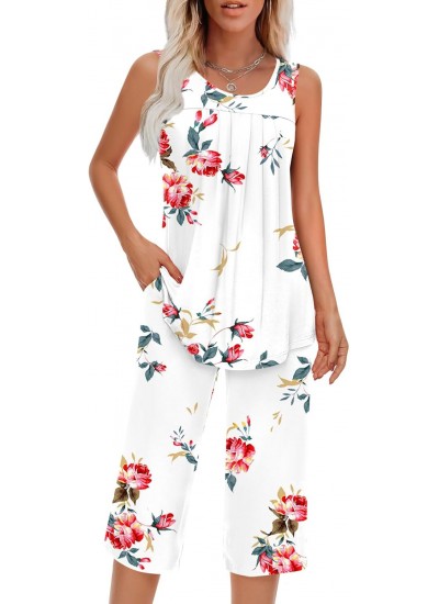 Women's Sleeveless Pajama Set Two Piece Loungewear with Pocket Soft Rayon