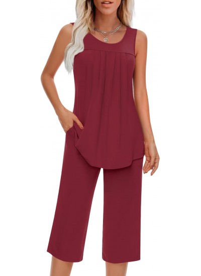 Women's Sleeveless Pajama Set with Pocket – Soft Rayon Two Piece Lounge Set S-4XL