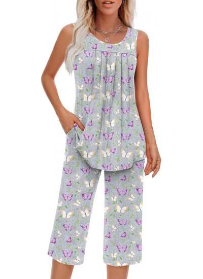Women's Sleeveless Pajama Set 2 Piece Soft Rayon Lounge Sleepwear with Pockets S-4XL
