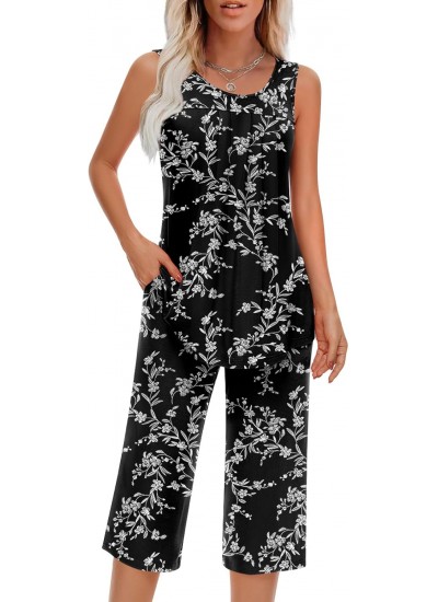 Women's Sleeveless Pajama Set with Pockets - Soft Rayon Loungewear Two Piece Summer Pjs S-4XL