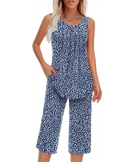 Women's Sleeveless Pajama Set with Pockets, Soft R...
