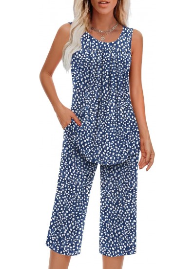 Women's Sleeveless Pajama Set with Pockets, Soft Rayon Loungewear Two Piece, Summer Sleepwear S-4XL