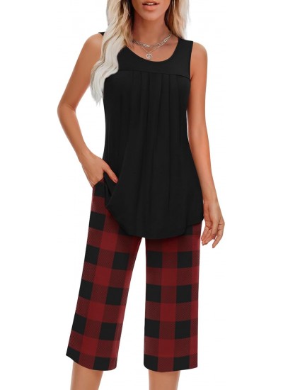 Women's Sleeveless Pajama Sets with Pocket - Soft Rayon Spandex Loungewear Two Piece Summer Pjs S-4XL