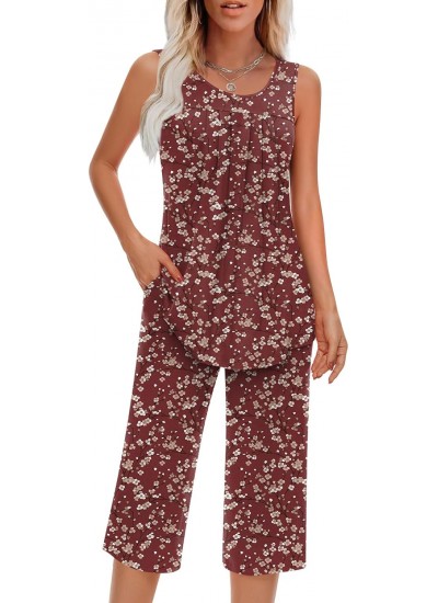 Women's Sleeveless Pajama Set - Soft Rayon Spandex Loungewear with Pockets, Summer Sleepwear 2 Piece