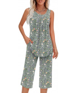 Women's Sleeveless Pajama Set with Pocket - Soft R...