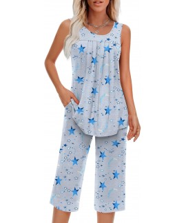 Women's Sleeveless Pajama Set with Pocket - Soft R...