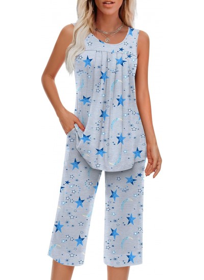 Women's Sleeveless Pajama Set with Pocket - Soft Rayon Spandex Sleepwear Lounge Two Piece