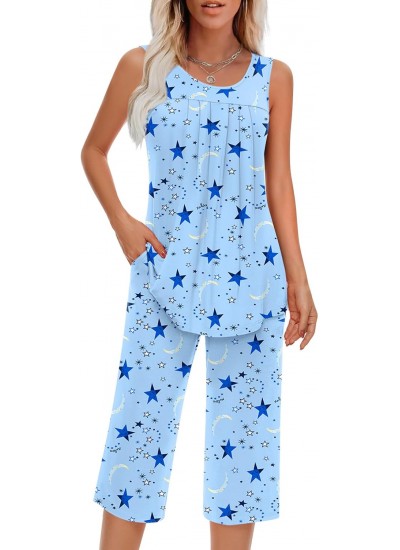 Women's Sleeveless Pajama Sets with Pockets, Soft Rayon Spandex Loungewear Two Piece, Summer Sleepwear