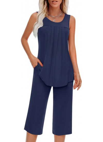 Women's Sleeveless Pajama Set with Pockets - Soft Rayon Spandex Lounge Wear