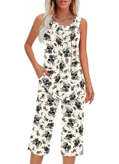 Women's Sleeveless Pajama Set with Pockets - Soft Rayon Spandex Two Piece Lounge Wear