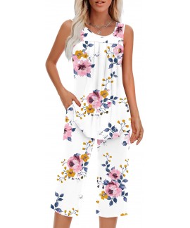 Women's Sleeveless Pajama Set with Pocket - Soft R...