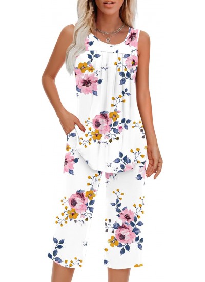 Women's Sleeveless Pajama Set with Pocket - Soft Rayon Spandex Loungewear Two Piece, S-4XL