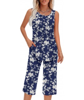Women's Sleeveless Pajama Set with Pocket - Soft R...