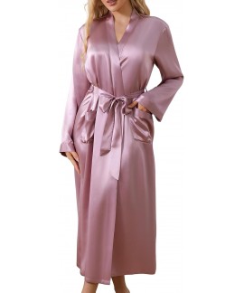 100% Mulberry Silk Long Kimono Robe for Women - Br...