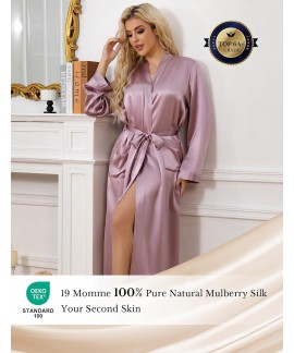 100% Mulberry Silk Long Kimono Robe for Women - Bridal & Wedding Party Bathrobe