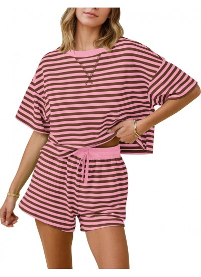 Women's Striped Lounge Set 2 Piece Pajamas Summer Short Sleeve with High Waist Shorts