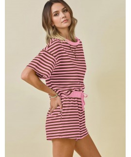 Women's Striped Lounge Set 2 Piece Pajamas Summer Short Sleeve with High Waist Shorts