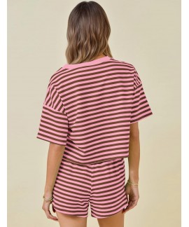Women's Striped Lounge Set 2 Piece Pajamas Summer Short Sleeve with High Waist Shorts