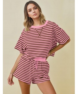 Women's Striped Lounge Set 2 Piece Pajamas Summer Short Sleeve with High Waist Shorts