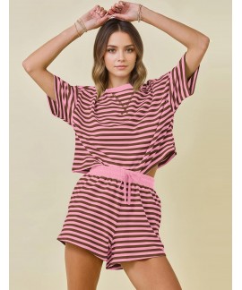 Women's Striped Lounge Set 2 Piece Pajamas Summer Short Sleeve with High Waist Shorts