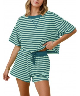 Women's Striped Lounge Set 2 Piece Pajamas Summer Short Sleeve with High Waist Shorts