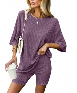 Ribbed Knit 2 Piece Lounge Set – Oversized T-Shi...