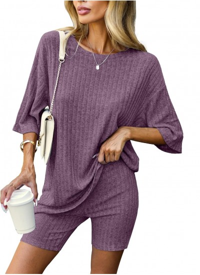 Ribbed Knit 2 Piece Lounge Set – Oversized T-Shirt & Biker Shorts for Women