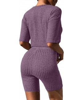 Ribbed Knit 2 Piece Lounge Set – Oversized T-Shirt & Biker Shorts for Women