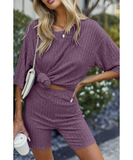 Ribbed Knit 2 Piece Lounge Set – Oversized T-Shirt & Biker Shorts for Women