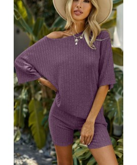 Ribbed Knit 2 Piece Lounge Set – Oversized T-Shirt & Biker Shorts for Women