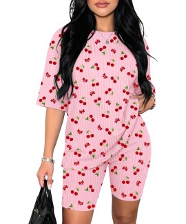 Ribbed Knit 2 Piece Lounge Set – Oversized T-Shirt & Biker Shorts for Women