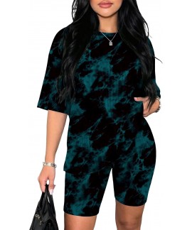 Ribbed Knit 2 Piece Lounge Set – Oversized T-Shirt & Biker Shorts for Women