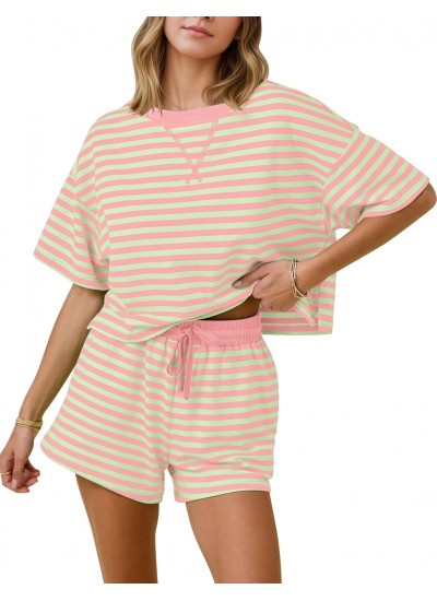 Women's Striped Lounge Set 2 Piece Cotton Pajamas with Pockets