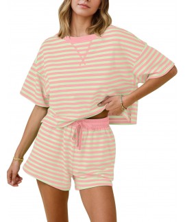 Women's Striped Lounge Set 2 Piece Cotton Pajamas with Pockets
