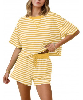 Women's Striped Lounge Set 2 Piece Cotton Pajamas with Pockets