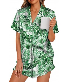 Satin Silk Pajama Set for Women - 2-Piece Ruffle S...