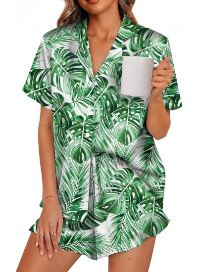 Satin Silk Pajama Set for Women - 2-Piece Ruffle Sleepwear with Button-Down Shirt and Shorts