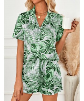 Satin Silk Pajama Set for Women - 2-Piece Ruffle Sleepwear with Button-Down Shirt and Shorts