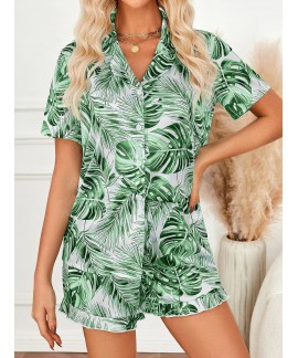 Satin Silk Pajama Set for Women - 2-Piece Ruffle Sleepwear with Button-Down Shirt and Shorts