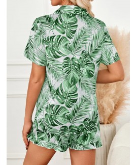 Satin Silk Pajama Set for Women - 2-Piece Ruffle Sleepwear with Button-Down Shirt and Shorts