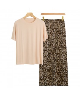 Premium Bamboo Viscose Solid Round Neck Top & Leopard Print Pants Breathable Soft Loungewear Pajamas Set