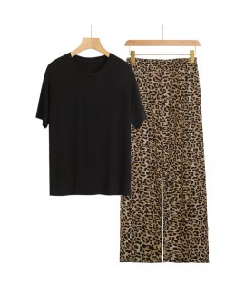Premium Bamboo Viscose Solid Round Neck Top & Leopard Print Pants Breathable Soft Loungewear Pajamas Set