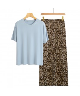 Premium Bamboo Viscose Solid Round Neck Top & Leopard Print Pants Breathable Soft Loungewear Pajamas Set