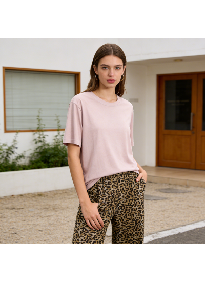 Premium Bamboo Viscose Solid Round Neck Top & Leopard Print Pants Breathable Soft Loungewear Pajamas Set