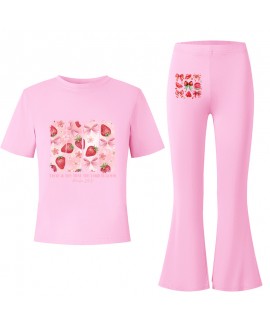 Gold Thread Summer Short Sleeve T-Shirt And Flare Pants 2-Piece Cotton Blend Kids  Pajama Set